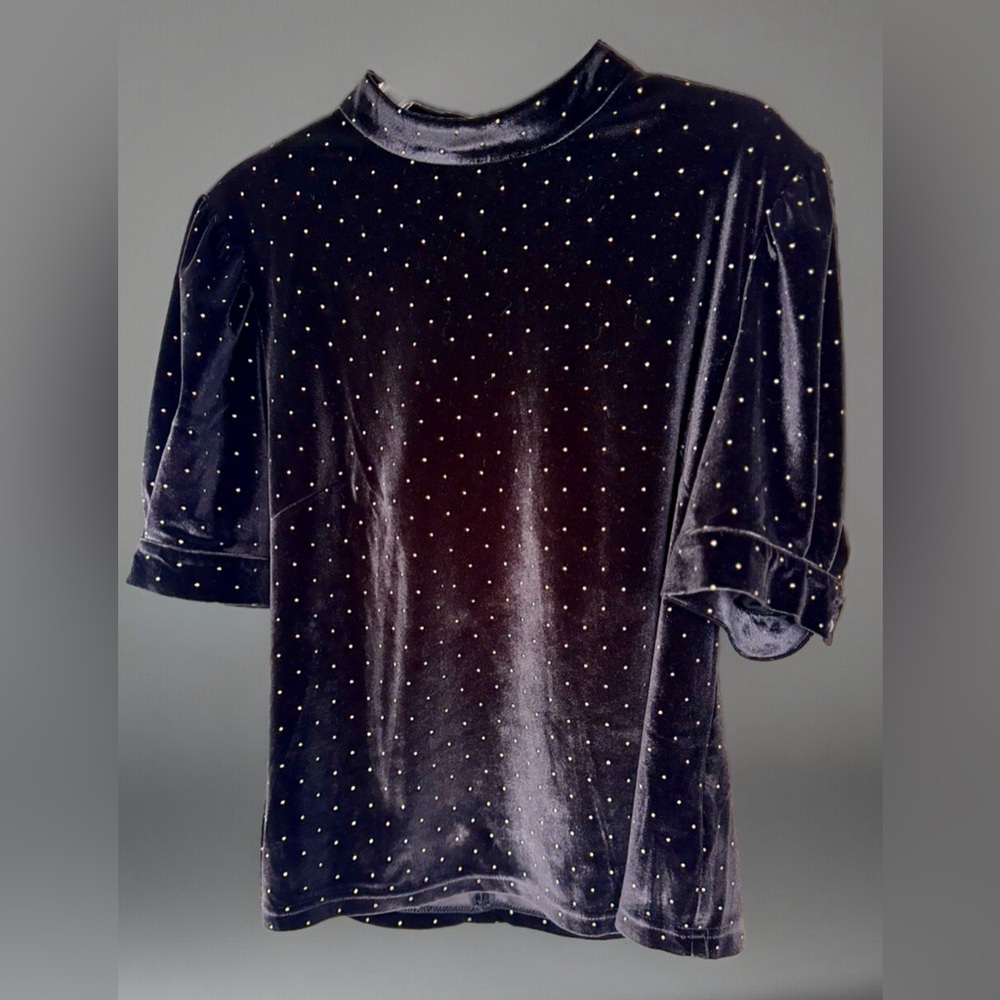 Nanette Lepore Short Sleeve Mock Neck Velvet Top Black Gold Stud Accents Large